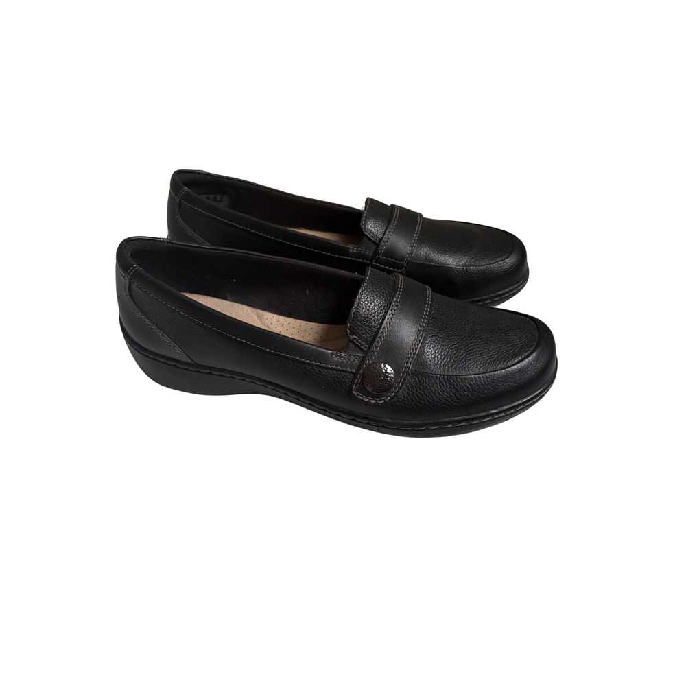 Clarks Collection Cora Daisy Womens Black Leather Loafers Button Detail
9M